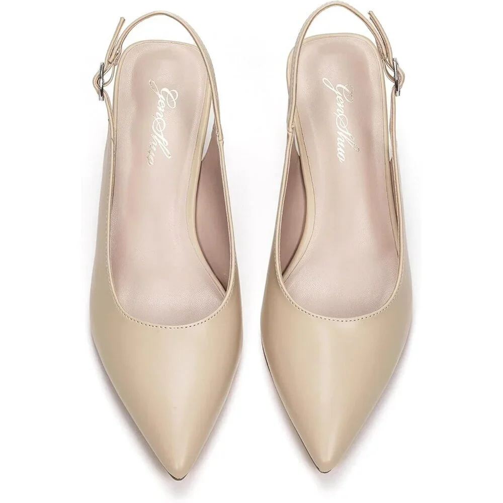 Women Slingback Nude Toe Block Heel Pump Low Heel Office Wedding Dress Shoes